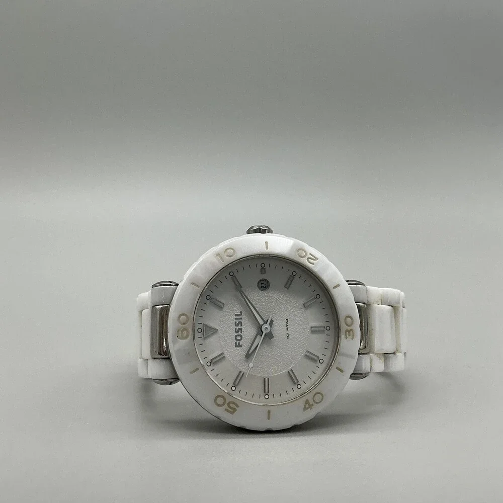 Fossil Allie Womens Watch 34mm White Ceramic Date CE-1030 New Battery 6.5